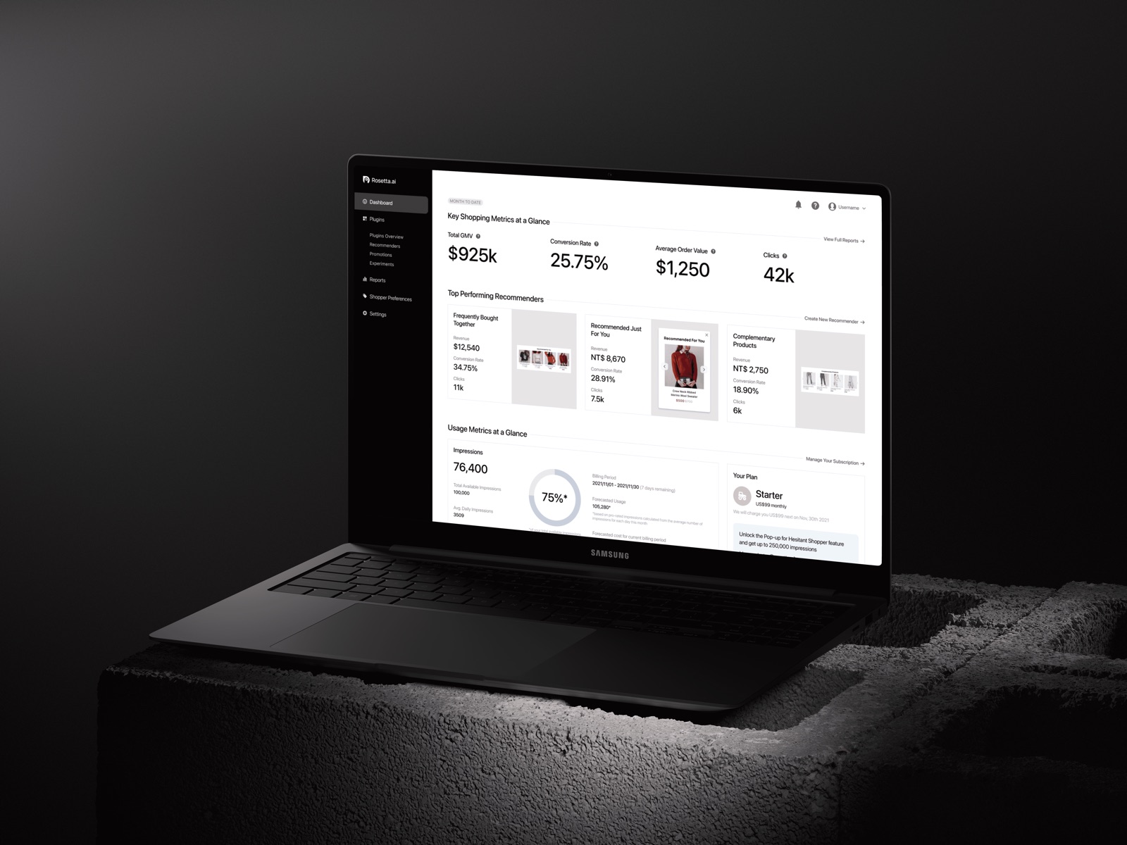 Rosetta AI recommendation analytics dashboard shown on a laptop