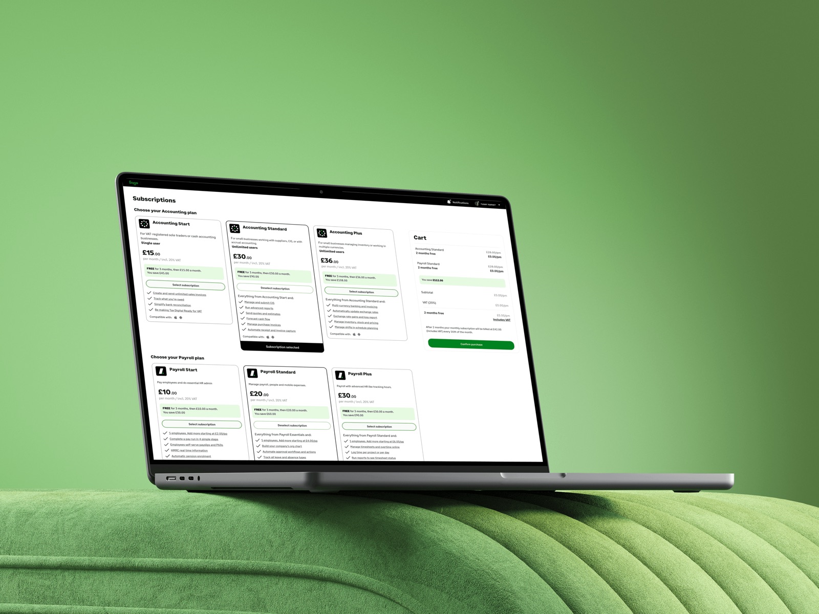 Sage subscription and payroll plans shown on a laptop